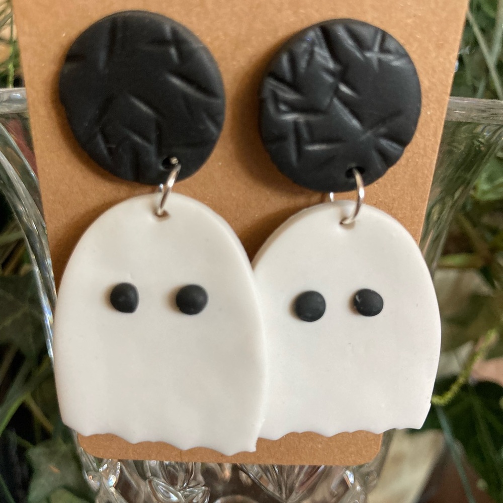 Lightweight Polymer Clay Ghost Earrings with Black studs